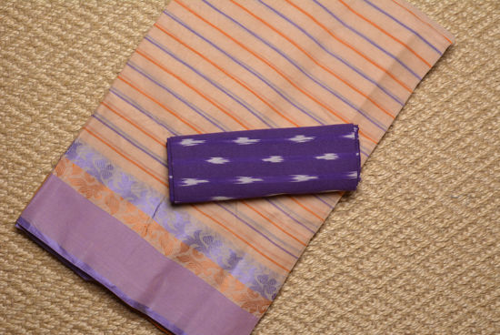 Picture of Nude with Lavender and Mustard Yellow Ganga Jamuna border Bengal Cotton Saree