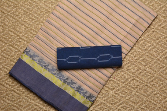 Picture of Nude with Navy Blue and Olive Green Ganga Jamuna border Bengal Cotton Saree