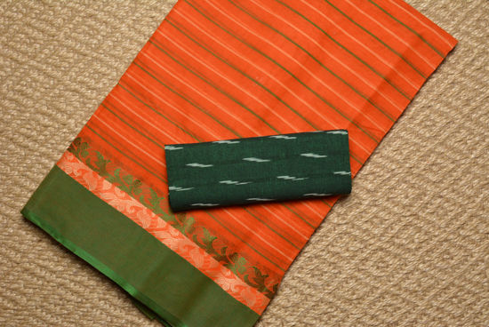 Picture of Orange with Green and Nude Ganga Jamuna border Bengal Cotton Saree