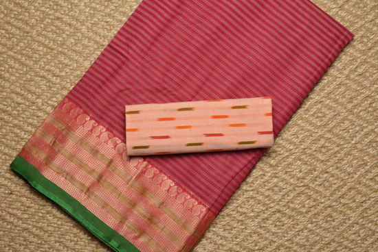 Picture of Pink and Green Stripes Bengal Cotton Saree with Green border