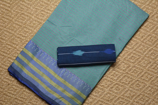 Picture of Sea Blue and Blue Stripes Bengal Cotton Saree with Blue border