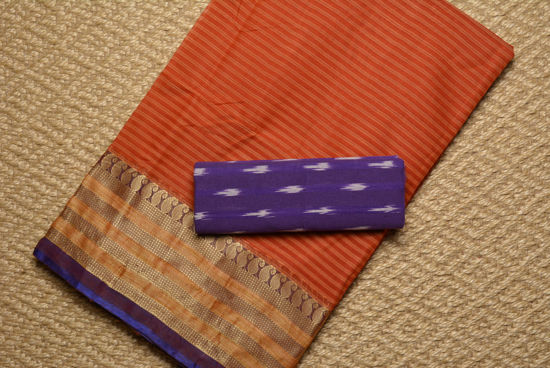 Picture of Brick Red and Violet Stripes Bengal Cotton Saree with Blue border