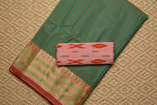 Picture of Green and Red Stripes Bengal Cotton Saree with Red border