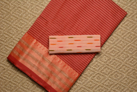 Picture of Red and Nude Stripes Bengal Cotton Saree with Nude border