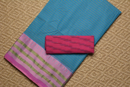 Picture of Blue and Pink Stripes Bengal Cotton Saree with Pink border