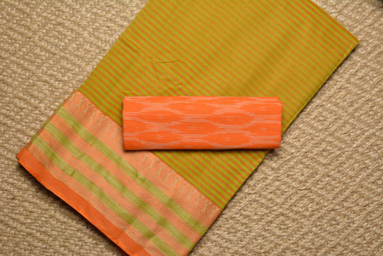 Picture of Parrot Green and Orange Stripes Bengal Cotton Saree with Orange border