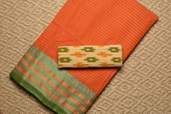 Picture of Orange and Green Stripes Bengal Cotton Saree with Green border