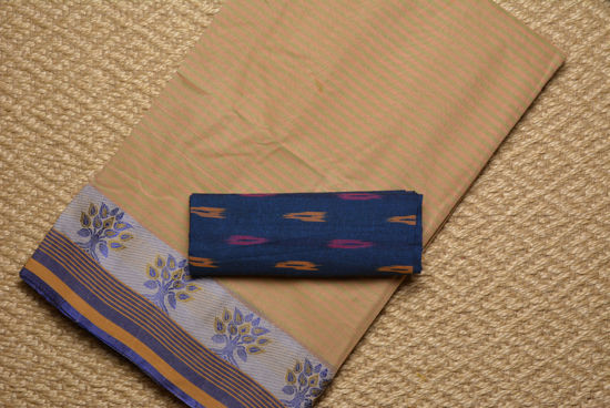 Picture of Nude and Royal Blue Stripes Bengal Cotton Saree with Royal Blue border