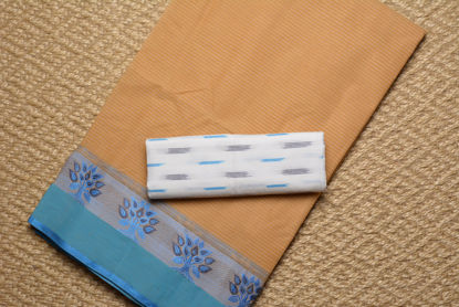 Picture of Beige and Blue Stripes Bengal Cotton Saree with Blue border
