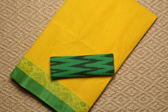 Picture of Yellow and Green Plain Bengal Cotton Saree with green border