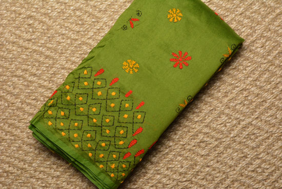 Picture of Olive Green Tussar Silk Saree with Kantha Work