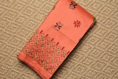 Picture of Coral Peach Tussar Silk Saree with Kantha Work