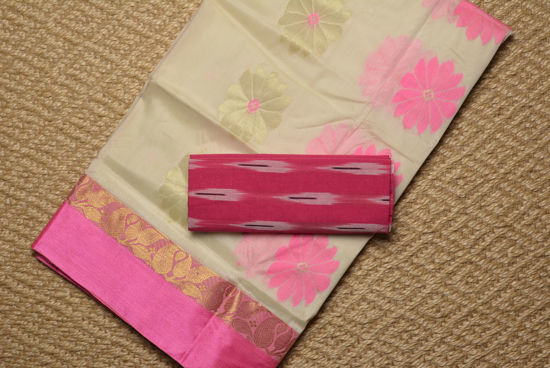 Picture of Ivory White and Pink Tussar Silk Saree