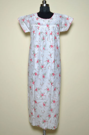 Picture of White and Pink Floral Jaipur Cotton Nighty