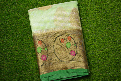 Picture of Mint Green and Dark Green Banarasi Kota Tissue Silk Saree