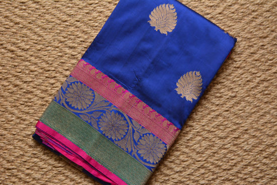 Picture of Royal Blue and Pink Antique Zari Broad Border Pure Katan Silk Banarasi Saree