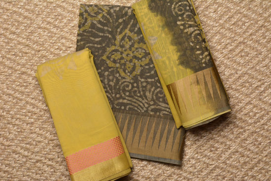 Picture of Grey and Yellow Batik Print Maheshwari Silk Dress Material