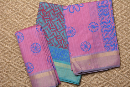 Picture of Blue and Pink Hand Block Print Maheshwari Silk Dress Material