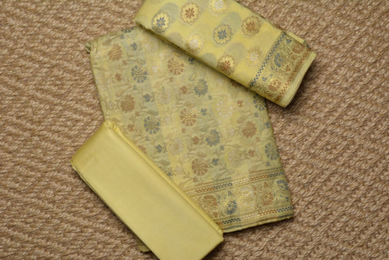Picture of Lemon Yellow and Gold Banarasi Katan Silk Dress Material