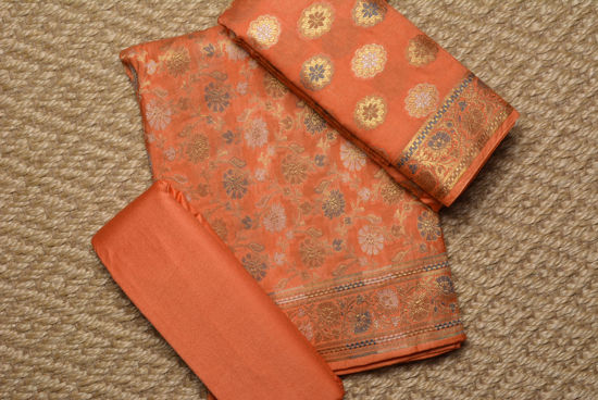 Picture of Orange and Gold Banarasi Katan Silk Dress Material
