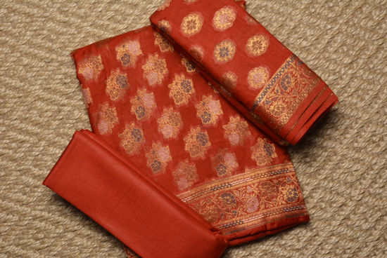 Picture of Red and Gold Banarasi Katan Silk Dress Material