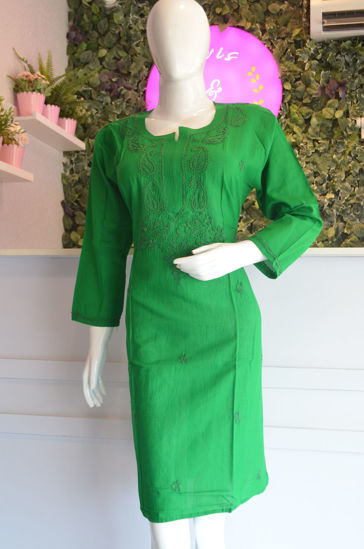 Picture of Hand Embroidered Green Cotton Lucknow Chikankari kurti