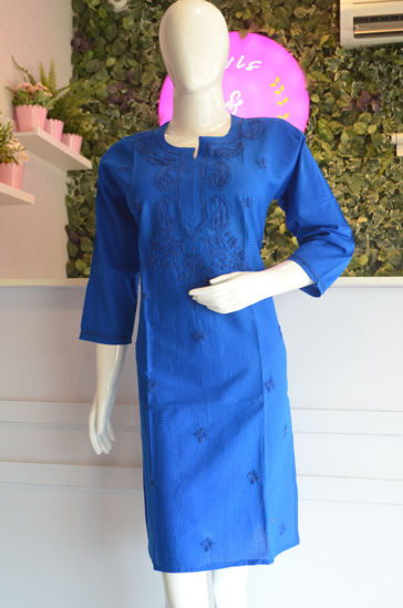 Picture of Hand Embroidered Blue Cotton Lucknow Chikankari kurti