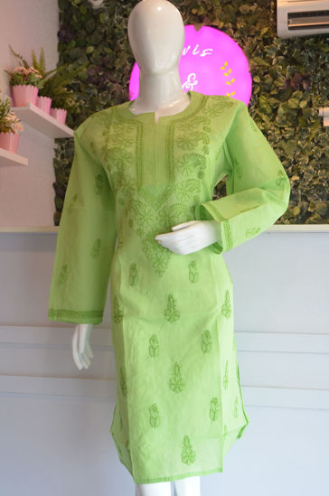 Picture of Hand Embroidered Green Cotton Lucknow Chikankari Kurti