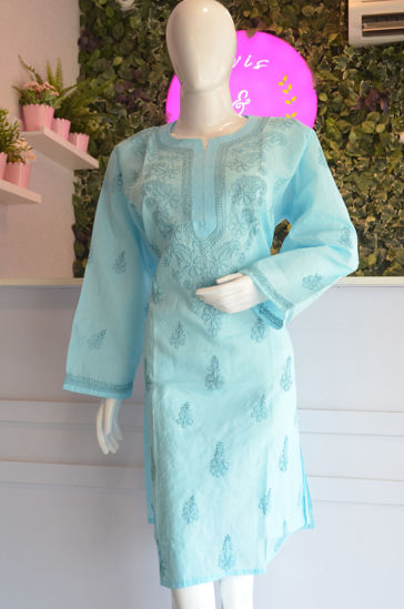 Picture of Hand Embroidered Sky Blue Cotton Lucknow Chikankari Kurti