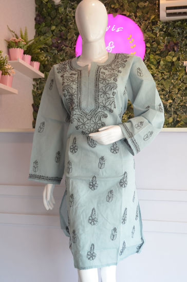 Picture of Hand Embroidered Grey Cotton Lucknow Chikankari Kurti