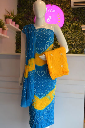 Picture of Blue and Yellow Tie and Dye Bandhani Silk Cotton Dress Material