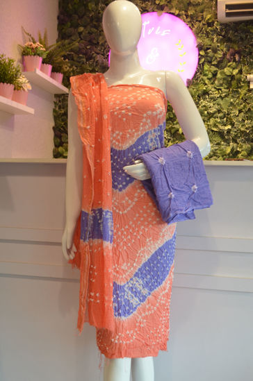 Picture of Melon Orange and Lavender Tie and Dye Bandhani Silk Cotton Dress Material
