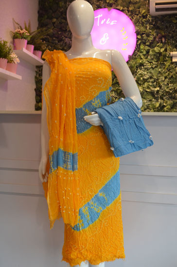 Picture of Yellow and Blue Tie and Dye Bandhani Silk Cotton Dress Material
