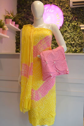 Picture of Lemon Yellow and Pink Tie and Dye Bandhani Silk Cotton Dress Material