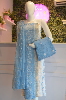 Picture of White and Blue Tie and Dye Bandhani Silk Cotton Dress Material