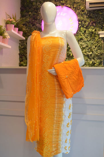 Picture of White and Yellow Tie and Dye Bandhani Silk Cotton Dress Material