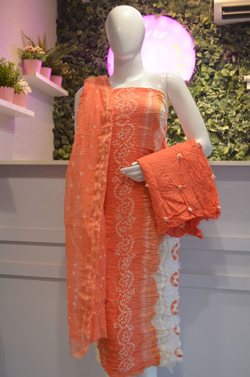 Picture of White and Orange Tie and Dye Bandhani Silk Cotton Dress Material