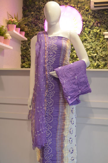 Picture of White and Lavender Tie and Dye Bandhani Silk Cotton Dress Material