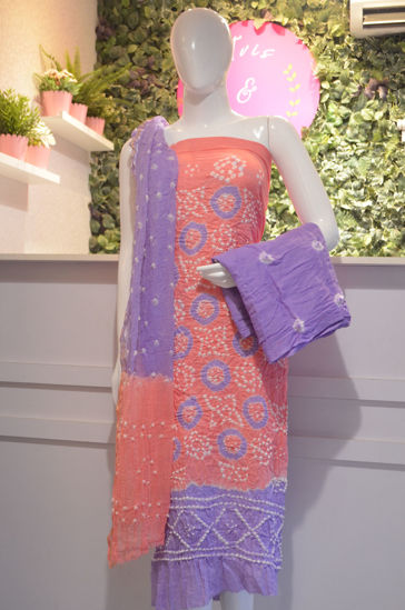 Picture of Peach and Lavender Tie and Dye Bandhani Silk Cotton Dress Material