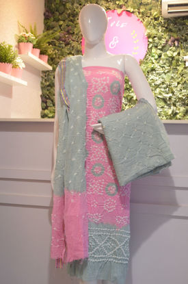 Picture of Pink and Grey Tie and Dye Bandhani Silk Cotton Dress Material