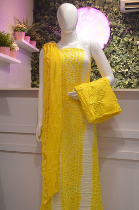 Picture of White and Yellow Tie and Dye Bandhani Silk Cotton Dress Material