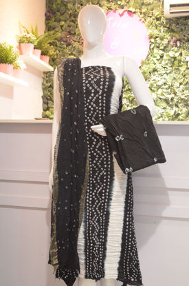Picture of White and Black Tie and Dye Bandhani Silk Cotton Dress Material