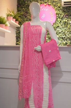 Picture of White and Pink Tie and Dye Bandhani Silk Cotton Dress Material