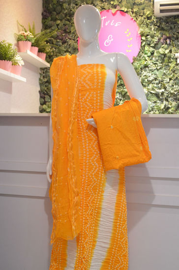 Picture of White and Mango Yellow Tie and Dye Bandhani Silk Cotton Dress Material