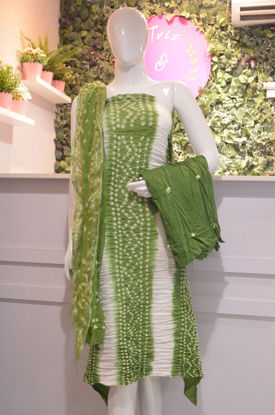 Picture of White and Green Tie and Dye Bandhani Silk Cotton Dress Material
