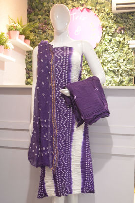 Picture of White and Violet Tie and Dye Bandhani Silk Cotton Dress Material