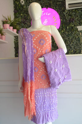 Picture of Peach and Lavender Tie and Dye Bandhani Silk Cotton Dress Material