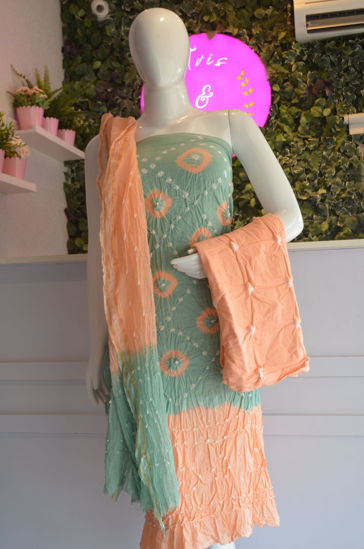 Picture of Teal and Melon Orange Tie and Dye Bandhani Silk Cotton Dress Material