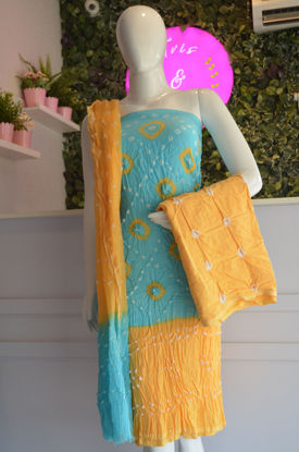 Picture of Blue and Yellow Tie and Dye Bandhani Silk Cotton Dress Material