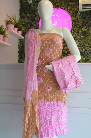 Picture of Brown and Pink Tie and Dye Bandhani Silk Cotton Dress Material